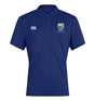 The Las Colinas Rugby Royal Club Dry Polo by EMB Canterbury is a royal blue short-sleeve polo with a collar, Vapodri technology, a white Canterbury logo on the right chest, and a sports team crest on the left.