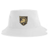 EMB S&S Activewear's West Point Rugby Sustainable Bucket Hat is made from recycled polyester for an eco-friendly choice. This stylish white bucket hat features a gold and black logo—showcasing a helmet, sword, and star—embroidered at the front center.