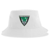 The Birmingham Vulcans Rugby Sustainable Bucket Hat by EMB S&S Activewear is a white bucket hat crafted from recycled polyester. It features a Birmingham Rugby patch with green and black accents, a rugby ball, and the text "EST 1967" on the front—proudly representing Birmingham Vulcans Rugby.