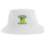 The Blackthorn Rugby Sustainable Bucket Hat by EMB S&S Activewear is a white bucket hat featuring the Blackthorn Football Rugby Club crest, which showcases a green shamrock and a blackthorn branch in yellow and green.