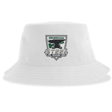 The Birmingham Steel Rugby Sustainable Bucket Hat by EMB S&S Activewear is a white, eco-friendly bucket hat crafted from recycled polyester, featuring the "Birmingham Steel Rugby" logo with a bull and shield and "Established 2021" printed on the front.