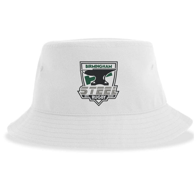 The Birmingham Steel Rugby Sustainable Bucket Hat by EMB S&S Activewear is a white, eco-friendly bucket hat crafted from recycled polyester, featuring the "Birmingham Steel Rugby" logo with a bull and shield and "Established 2021" printed on the front.