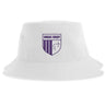 The OMBAC Rugby Sustainable Bucket Hat by EMB S&S Activewear is a white eco-friendly hat showcasing a purple OMBAC Rugby crest with vertical stripes and a bull graphic on the front.