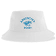 The Nations of Rugby Argentina Rugby Sustainable Bucket Hat by EMB S&S Activewear features a white design with a blue "Argentina Rugby" logo and a stylized jaguar head on the front. Made from recycled polyester, this eco-friendly bucket hat combines sporty style with sustainability.