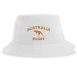 Nations of Rugby Australia Rugby Sustainable Bucket Hat by EMB S&S Activewear: a white bucket hat crafted from recycled polyester, featuring "AUSTRALIA RUGBY" text and a gold kangaroo graphic on the front—combining eco-friendly style with team pride.