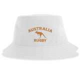 Nations of Rugby Australia Rugby Sustainable Bucket Hat by EMB S&S Activewear: a white bucket hat crafted from recycled polyester, featuring "AUSTRALIA RUGBY" text and a gold kangaroo graphic on the front—combining eco-friendly style with team pride.