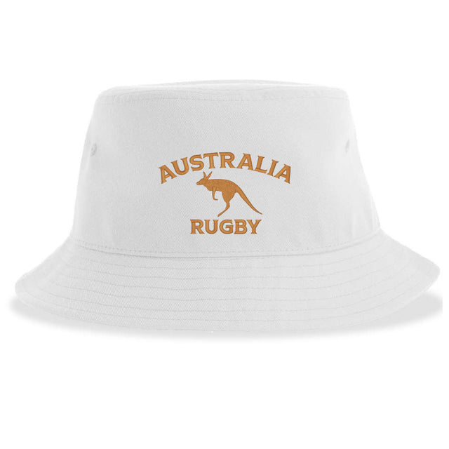 Nations of Rugby Australia Rugby Sustainable Bucket Hat by EMB S&S Activewear: a white bucket hat crafted from recycled polyester, featuring "AUSTRALIA RUGBY" text and a gold kangaroo graphic on the front—combining eco-friendly style with team pride.