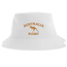 Nations of Rugby Australia Rugby Sustainable Bucket Hat by EMB S&S Activewear: a white bucket hat crafted from recycled polyester, featuring "AUSTRALIA RUGBY" text and a gold kangaroo graphic on the front—combining eco-friendly style with team pride.