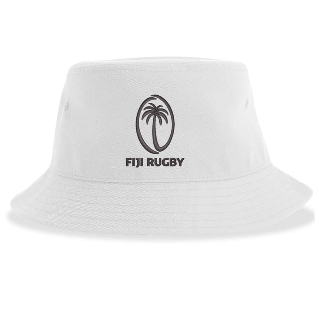 Introducing the Nations of Rugby Fiji Rugby Sustainable Bucket Hat by EMB S&S Activewear. This eco-friendly bucket hat is crafted from recycled polyester and features a white design with a black palm tree logo enclosed in an oval above the words "FIJI RUGBY" on the front—making it a perfect choice for environmentally conscious rugby fans.