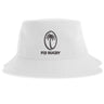 Introducing the Nations of Rugby Fiji Rugby Sustainable Bucket Hat by EMB S&S Activewear. This eco-friendly bucket hat is crafted from recycled polyester and features a white design with a black palm tree logo enclosed in an oval above the words "FIJI RUGBY" on the front—making it a perfect choice for environmentally conscious rugby fans.