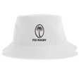 The Fiji Sustainable Bucket Hat by EMB S&S Activewear features a white design with a black palm tree logo above the words "FIJI RUGBY" on the front.