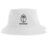 The Fiji Sustainable Bucket Hat by EMB S&S Activewear features a white design with a black palm tree logo above the words "FIJI RUGBY" on the front.
