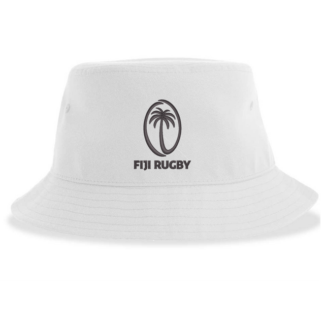 The Fiji Sustainable Bucket Hat by EMB S&S Activewear features a white design with a black palm tree logo above the words "FIJI RUGBY" on the front.