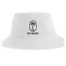 The Fiji Sustainable Bucket Hat by EMB S&S Activewear features a white design with a black palm tree logo above the words "FIJI RUGBY" on the front.
