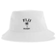 Show off your passion for rugby in the Nations of Rugby Fiji Rugby Sustainable Bucket Hat by EMB S&S Activewear. This eco-friendly white bucket hat is crafted from recycled polyester and features “FIJI” and “RUGBY” printed in black above and below a palm tree graphic on the front, blending sustainable style with island spirit.