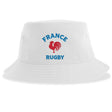 The Nations of Rugby France Rugby Sustainable Bucket Hat by EMB S&S Activewear is crafted from white recycled polyester and showcases a striking red rooster graphic with "FRANCE RUGBY" in blue text on the front—a perfect, eco-friendly way to show your support.
