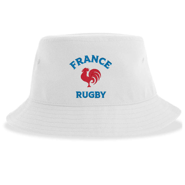 The Nations of Rugby France Rugby Sustainable Bucket Hat by EMB S&S Activewear is crafted from white recycled polyester and showcases a striking red rooster graphic with "FRANCE RUGBY" in blue text on the front—a perfect, eco-friendly way to show your support.