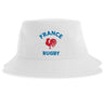 The Nations of Rugby France Rugby Sustainable Bucket Hat by EMB S&S Activewear is crafted from white recycled polyester and showcases a striking red rooster graphic with "FRANCE RUGBY" in blue text on the front—a perfect, eco-friendly way to show your support.