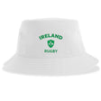 The Nations of Rugby Ireland Rugby Sustainable Bucket Hat by EMB S&S Activewear is a white bucket hat crafted from recycled polyester, featuring "Ireland Rugby" and a green shamrock emblem on the front for an eco-friendly and stylish choice.