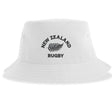 Introducing the Nations of Rugby New Zealand Rugby Sustainable Bucket Hat by EMB S&S Activewear—a white bucket hat made from recycled polyester, featuring "New Zealand Rugby" and a black fern logo on the front for eco-conscious fans.
