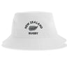 Introducing the Nations of Rugby New Zealand Rugby Sustainable Bucket Hat by EMB S&S Activewear—a white bucket hat made from recycled polyester, featuring "New Zealand Rugby" and a black fern logo on the front for eco-conscious fans.