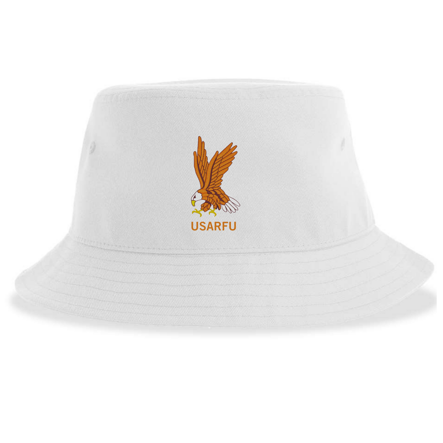 The USA Rugby Heritage Sustainable Bucket Hat by EMB S&S Activewear features a white design with an illustrated eagle holding a rugby ball above an orange "USARFU" heritage logo on the front.