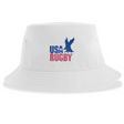 The USA Rugby Throwback Sustainable Bucket Hat by EMB S&S Activewear features a white design with the iconic blue-and-red logo and an eagle graphic soaring above the word "Rugby," combining classic throwback style with sustainable materials.
