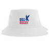 The USA Rugby Throwback Sustainable Bucket Hat by EMB S&S Activewear features a white design with the iconic blue-and-red logo and an eagle graphic soaring above the word "Rugby," combining classic throwback style with sustainable materials.