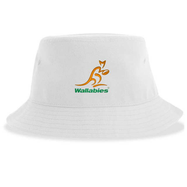 The Wallabies Sustainable Bucket Hat by EMB S&S Activewear features the iconic Wallabies rugby logo and text embroidered in yellow and green on the front, making it perfect for any Rugby Australia fan.