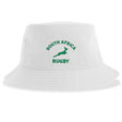 The Nations of Rugby South Africa Rugby Sustainable Bucket Hat by EMB S&S Activewear is crafted from recycled polyester and features green "SOUTH AFRICA RUGBY" text and a central springbok logo, combining style with sustainability.