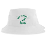 The Nations of Rugby South Africa Rugby Sustainable Bucket Hat by EMB S&S Activewear is crafted from recycled polyester and features green "SOUTH AFRICA RUGBY" text and a central springbok logo, combining style with sustainability.