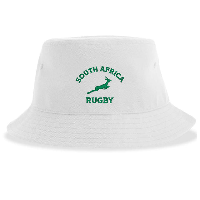 The Nations of Rugby South Africa Rugby Sustainable Bucket Hat by EMB S&S Activewear is crafted from recycled polyester and features green "SOUTH AFRICA RUGBY" text and a central springbok logo, combining style with sustainability.
