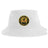 Introducing the Pittsburgh Forge Rugby Sustainable Bucket Hat by EMB S&S Activewear. This white bucket hat features a centrally placed circular Pittsburgh Forge Rugby Club logo patch in yellow, black, and red. Crafted from recycled polyester, it offers both eco-friendly appeal and stylish design.