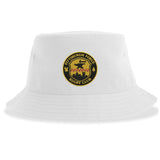 Introducing the Pittsburgh Forge Rugby Sustainable Bucket Hat by EMB S&S Activewear. This white bucket hat features a centrally placed circular Pittsburgh Forge Rugby Club logo patch in yellow, black, and red. Crafted from recycled polyester, it offers both eco-friendly appeal and stylish design.