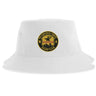 Introducing the Pittsburgh Forge Rugby Sustainable Bucket Hat by EMB S&S Activewear. This white bucket hat features a centrally placed circular Pittsburgh Forge Rugby Club logo patch in yellow, black, and red. Crafted from recycled polyester, it offers both eco-friendly appeal and stylish design.