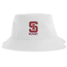The St. Ignatius Rugby Sustainable Bucket Hat by EMB S&S Activewear features a large red "S" and the word "RUGBY" printed on the front. Made from recycled polyester, this eco-friendly bucket hat blends sustainability with classic team pride.