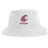 The Washington State Rugby Sustainable Bucket Hat by EMB S&S Activewear features a white design made from recycled polyester, adorned with a maroon cougar logo and "RUGBY" on the front—perfect for Washington State Rugby fans.