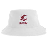 The Washington State Rugby Sustainable Bucket Hat by EMB S&S Activewear features a white design made from recycled polyester, adorned with a maroon cougar logo and "RUGBY" on the front—perfect for Washington State Rugby fans.