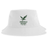 The Zionsville Rugby Sustainable Bucket Hat by EMB S&S Activewear is crafted from recycled polyester for an eco-friendly touch. This white bucket hat features a green eagle graphic above the words "Zionsville Rugby Est. 2003" printed on the front.