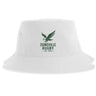 The Zionsville Rugby Sustainable Bucket Hat by EMB S&S Activewear is crafted from recycled polyester for an eco-friendly touch. This white bucket hat features a green eagle graphic above the words "Zionsville Rugby Est. 2003" printed on the front.