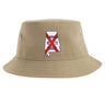 Introducing the University of Alabama Rugby Sustainable Bucket Hat by EMB S&S Activewear—a tan bucket hat made from recycled polyester, featuring an embroidered outline of Alabama with a red diagonal stripe and the text "Alabama Rugby 1973" on the front, inspired by University of Alabama Rugby tradition.