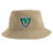 The Birmingham Vulcans Rugby Sustainable Bucket Hat by EMB S&S Activewear is crafted from recycled polyester in a tan color and features a green and black "Birmingham Vulcans Rugby EST 1967" badge with a rugby player and lightning bolts on the front.