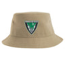 The Birmingham Vulcans Rugby Sustainable Bucket Hat by EMB S&S Activewear is crafted from recycled polyester in a tan color and features a green and black "Birmingham Vulcans Rugby EST 1967" badge with a rugby player and lightning bolts on the front.