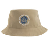 The Georgetown University Rugby Sustainable Bucket Hat by EMB S&S Activewear is a khaki bucket hat made from recycled polyester for an eco-friendly touch, and features the Georgetown University Rugby Football Club logo with a bulldog graphic on the front.
