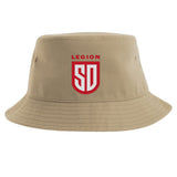 The San Diego Legion Rugby Sustainable Bucket Hat by EMB S&S Activewear is a tan bucket hat with a red "LEGION SD" logo on the front, inspired by the San Diego Legion rugby team.