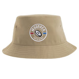 The Mudsock Youth Rugby Sustainable Bucket Hat by EMB S&S Activewear features a round "Mudsock Youth Rugby" logo with a rugby ball and red, white, and blue stripes, and is crafted from recycled polyester for an eco-friendly style in beige.