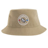 The Mudsock Youth Rugby Sustainable Bucket Hat by EMB S&S Activewear features a round "Mudsock Youth Rugby" logo with a rugby ball and red, white, and blue stripes, and is crafted from recycled polyester for an eco-friendly style in beige.
