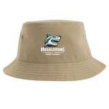 The NC Megalodons Rugby Academy Sustainable Bucket Hat by EMB S&S Activewear features a tan design with a shark logo above "Megalodons Rugby Academy" in white and teal lettering on the front—a must-have accessory for any NC Megalodons fan.