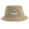 The NC Megalodons Rugby Academy Sustainable Bucket Hat by EMB S&S Activewear features a tan design with a shark logo above "Megalodons Rugby Academy" in white and teal lettering on the front—a must-have accessory for any NC Megalodons fan.