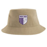 The OMBAC Rugby Sustainable Bucket Hat by EMB S&S Activewear is a beige bucket hat featuring a purple and white shield logo with a stylized animal, making it the perfect eco-friendly accessory for environmentally conscious rugby fans.
